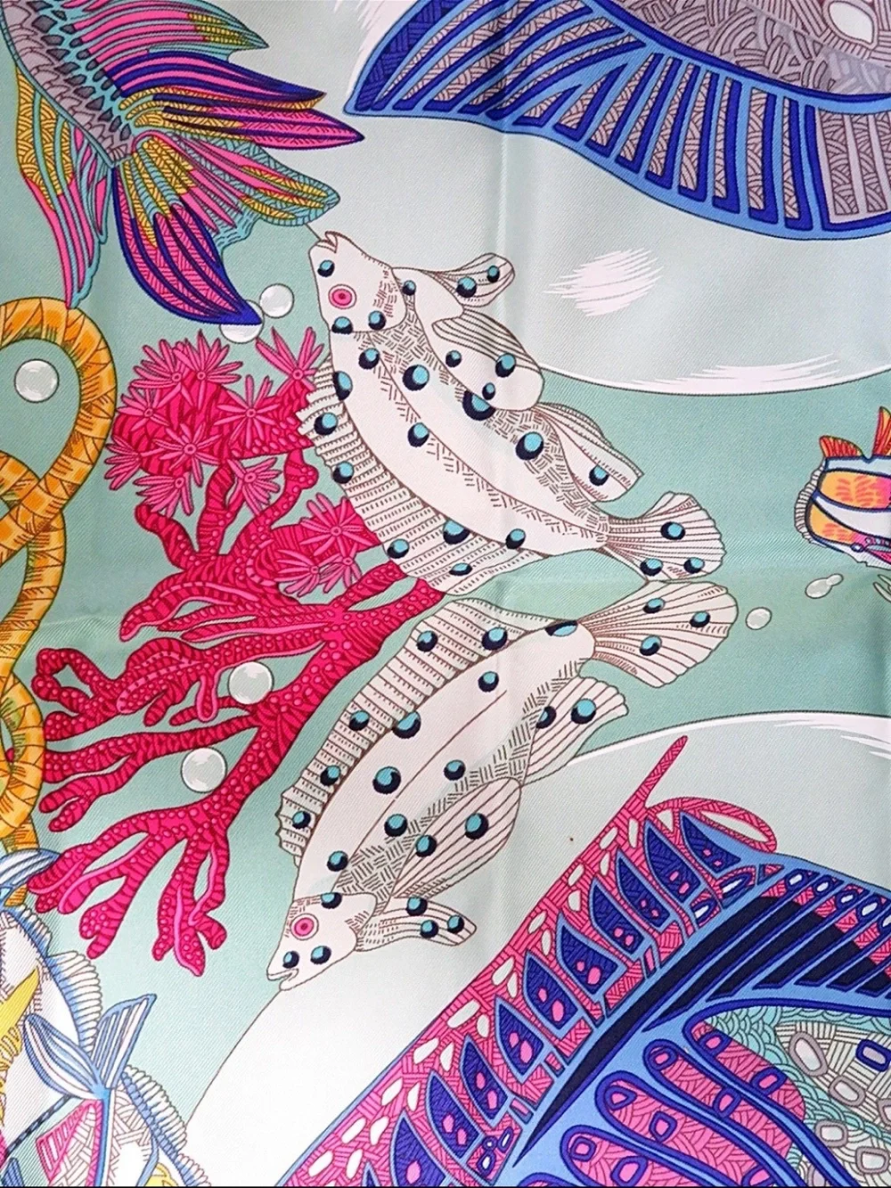 Hermes Turquoise Blue Marine Life Silk Scarf with Multicolor Fish